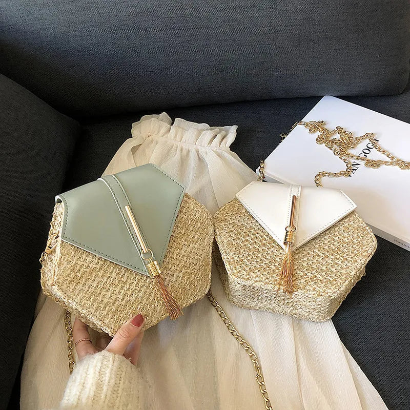 Elegant Handmade Straw Handbag – Hexagon Boho Beach Bag