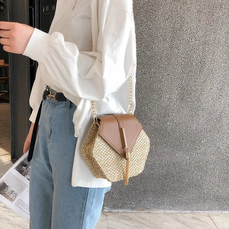 Elegant Handmade Straw Handbag – Hexagon Boho Beach Bag