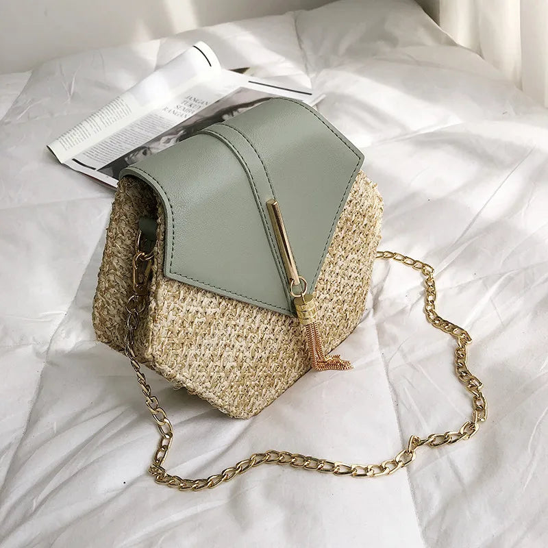 Elegant Handmade Straw Handbag – Hexagon Boho Beach Bag