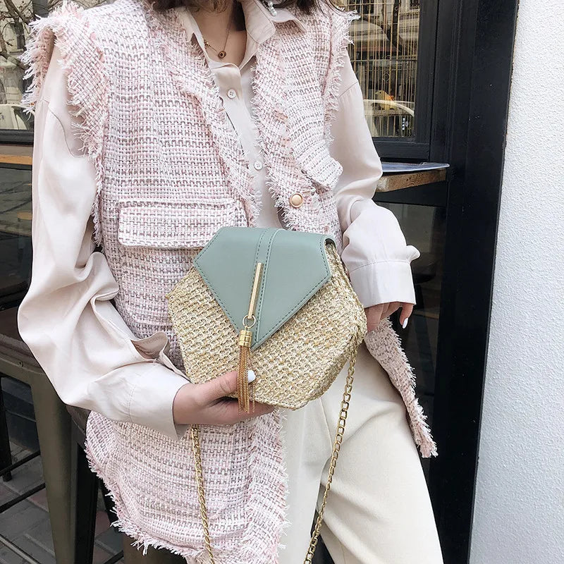 Elegant Handmade Straw Handbag – Hexagon Boho Beach Bag