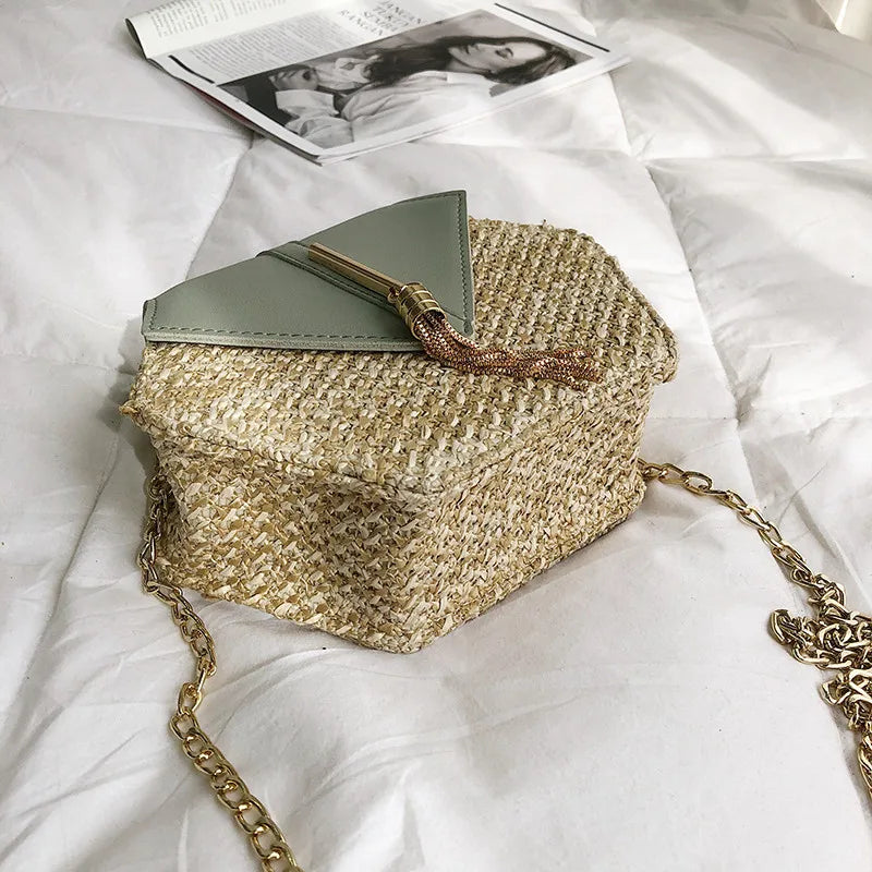 Elegant Handmade Straw Handbag – Hexagon Boho Beach Bag
