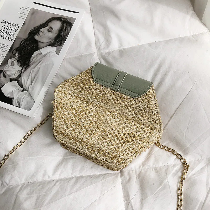 Elegant Handmade Straw Handbag – Hexagon Boho Beach Bag