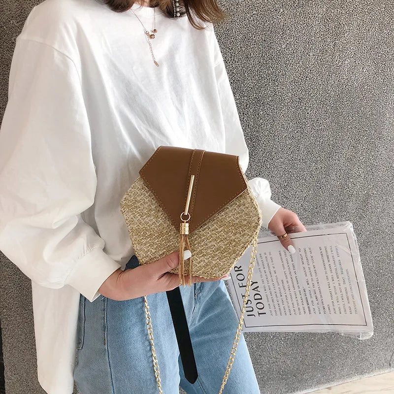 Elegant Handmade Straw Handbag – Hexagon Boho Beach Bag