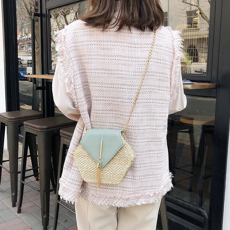 Elegant Handmade Straw Handbag – Hexagon Boho Beach Bag