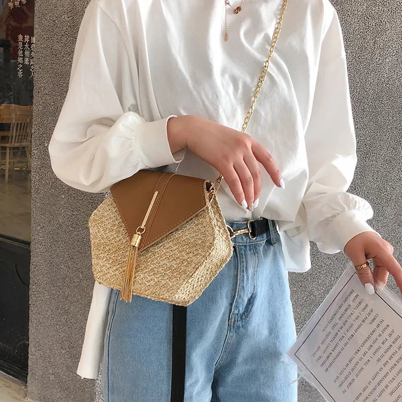 Elegant Handmade Straw Handbag – Hexagon Boho Beach Bag
