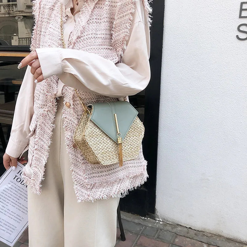 Elegant Handmade Straw Handbag – Hexagon Boho Beach Bag