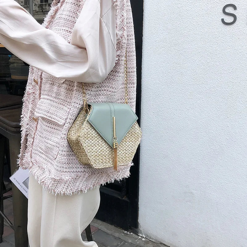 Elegant Handmade Straw Handbag – Hexagon Boho Beach Bag