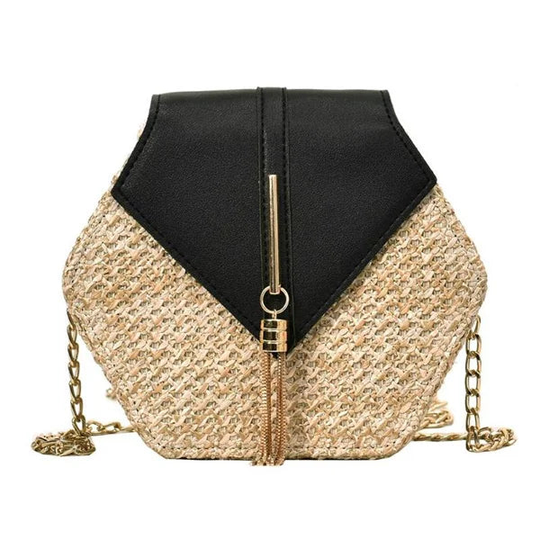 Elegant Handmade Straw Handbag – Hexagon Boho Beach Bag