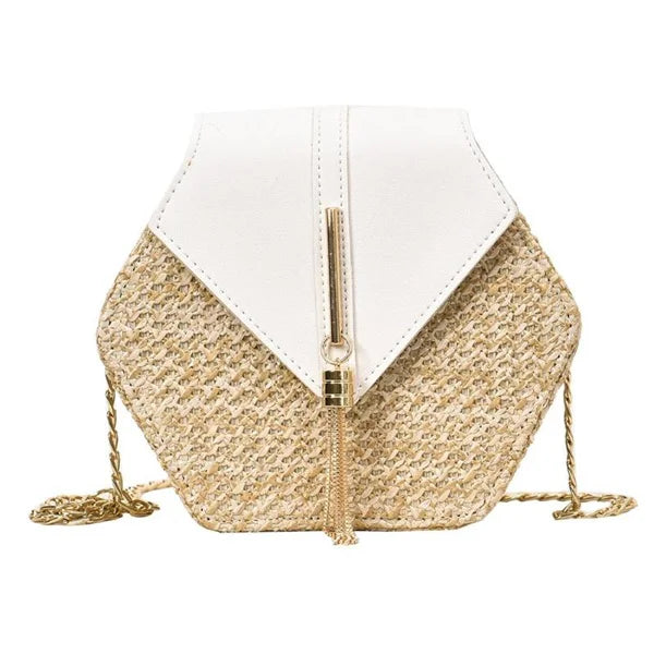 Elegant Handmade Straw Handbag – Hexagon Boho Beach Bag