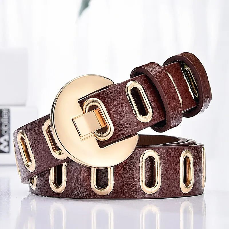 Women's Adjustable Leather Belt – Grunge Style with Metal Pin Buckle for Trendy Looks