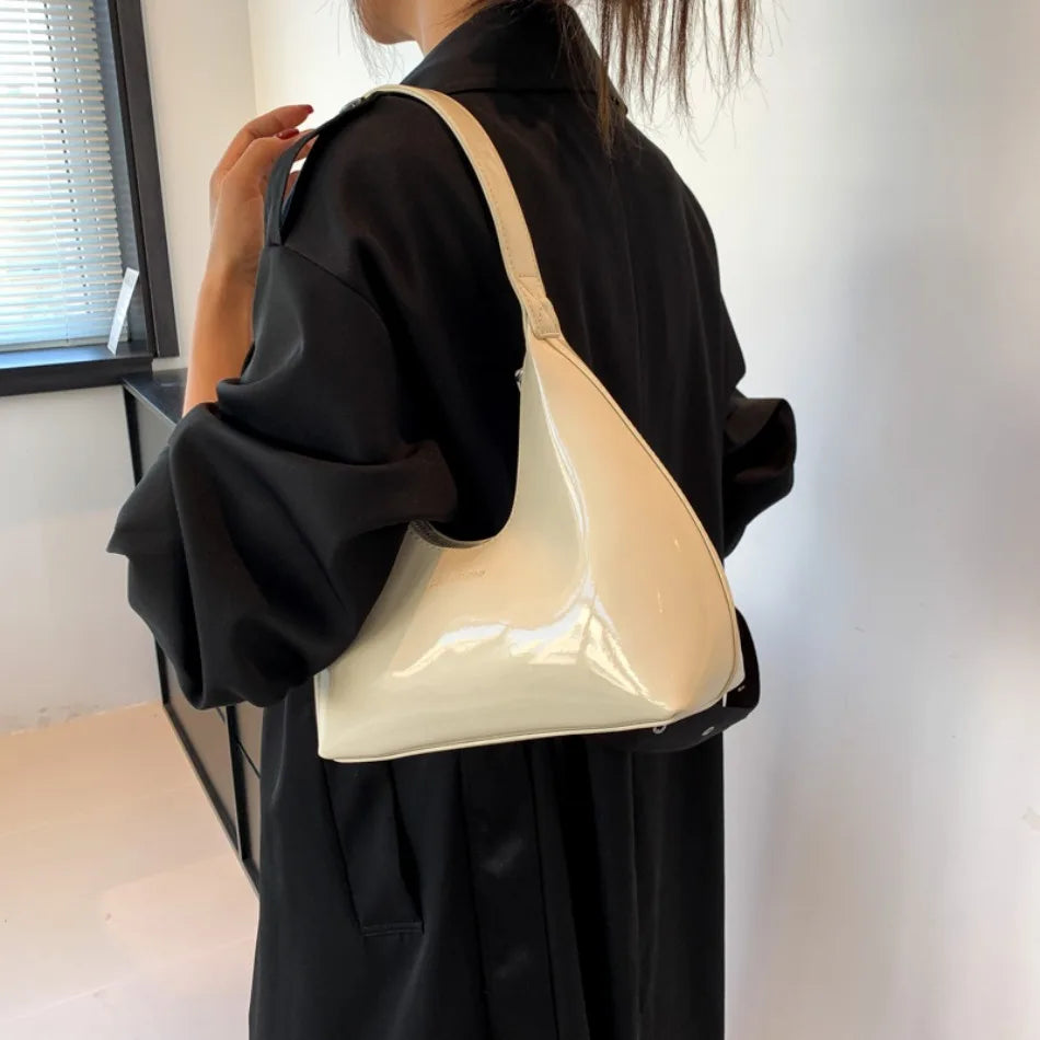 Elegant Women’s Crescent Bag – Solid Color Patent Leather Handbag