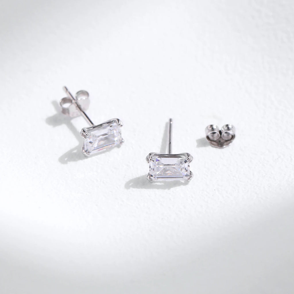 Luxury Sterling Silver Emerald Cut CZ Stud Earrings - Fine Jewelry for Women