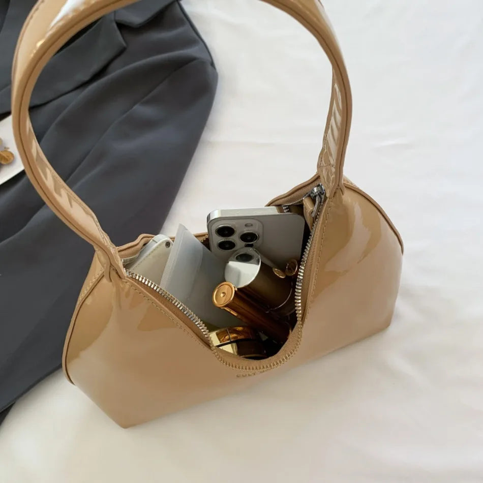 Elegant Women’s Crescent Bag – Solid Color Patent Leather Handbag