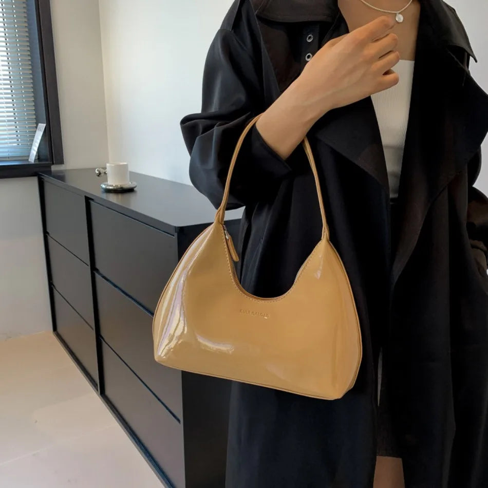 Elegant Women’s Crescent Bag – Solid Color Patent Leather Handbag
