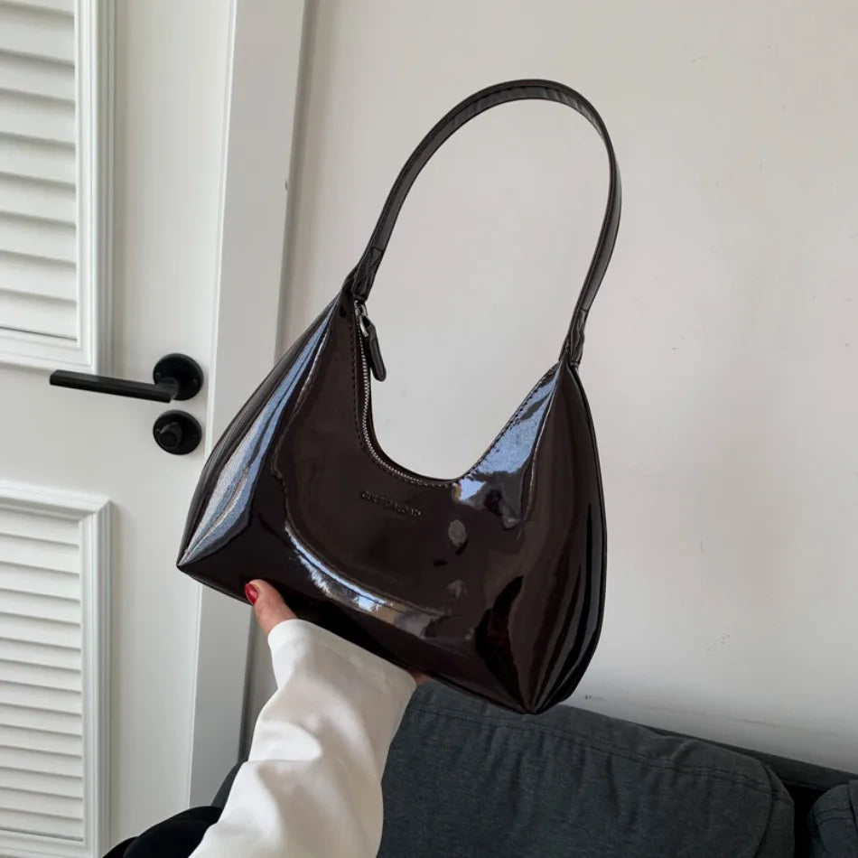 Elegant Women’s Crescent Bag – Solid Color Patent Leather Handbag