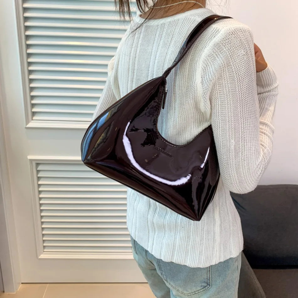 Elegant Women’s Crescent Bag – Solid Color Patent Leather Handbag