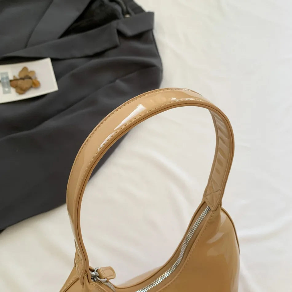 Elegant Women’s Crescent Bag – Solid Color Patent Leather Handbag