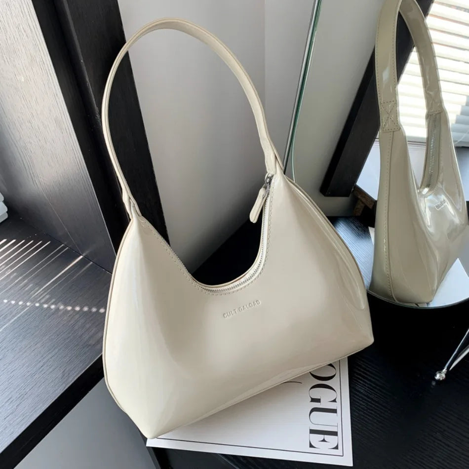 Elegant Women’s Crescent Bag – Solid Color Patent Leather Handbag