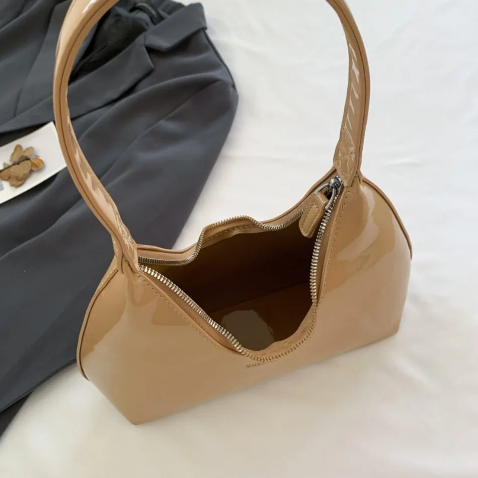 Elegant Women’s Crescent Bag – Solid Color Patent Leather Handbag
