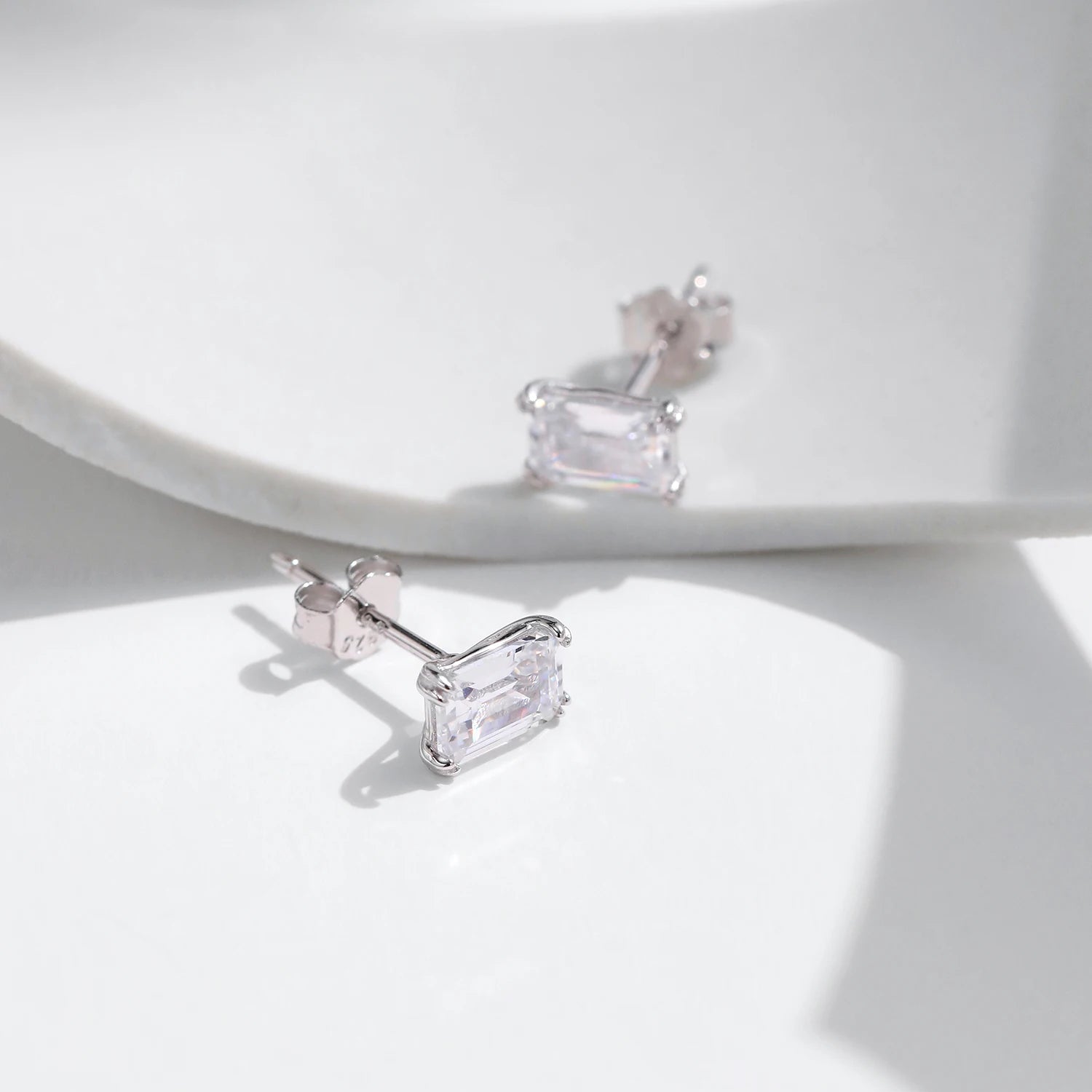 Luxury Sterling Silver Emerald Cut CZ Stud Earrings - Fine Jewelry for Women