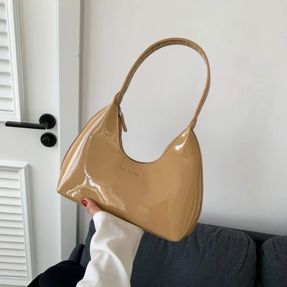 Elegant Women’s Crescent Bag – Solid Color Patent Leather Handbag