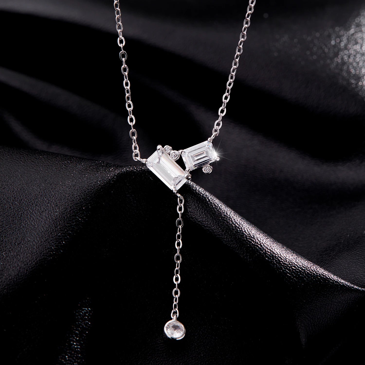 Elegant 925 Sterling Silver Rectangle CZ Lariat Necklace for Women