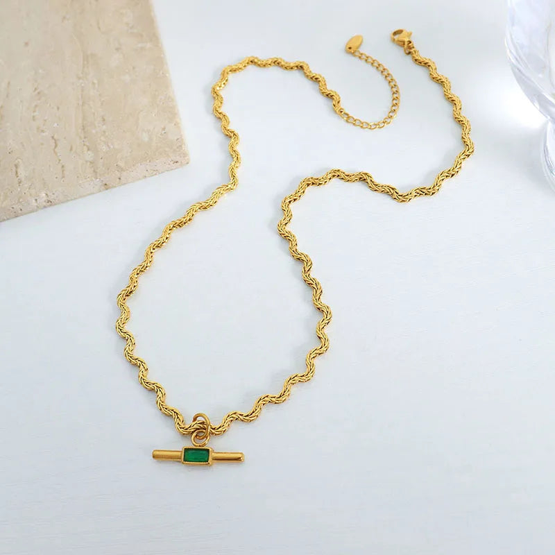 Unique Wavy Line Shape Necklace For Women 18k Gold Plated With Green Black Glass Stone Pendant Women's Neck Chain Necklaces