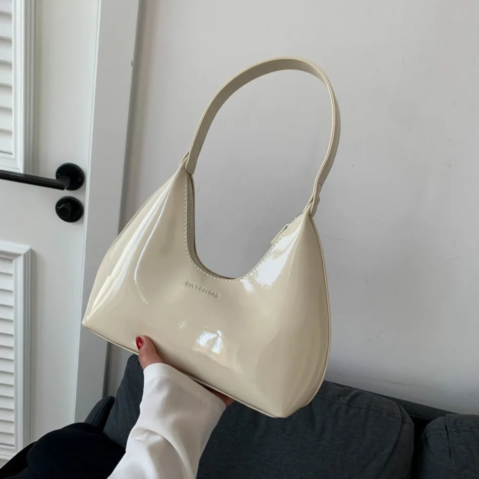 Elegant Women’s Crescent Bag – Solid Color Patent Leather Handbag