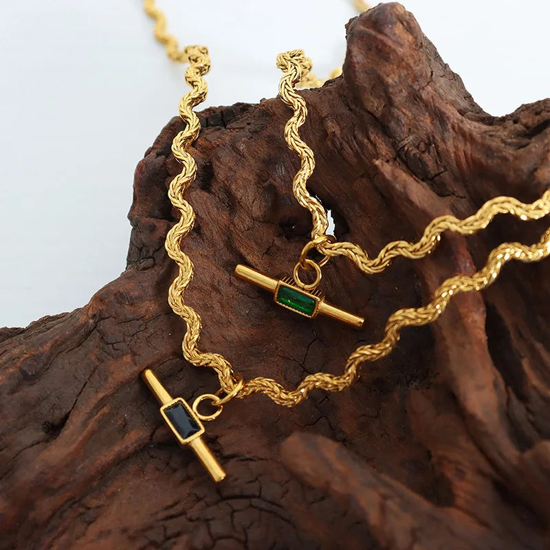Unique Wavy Line Shape Necklace For Women 18k Gold Plated With Green Black Glass Stone Pendant Women's Neck Chain Necklaces