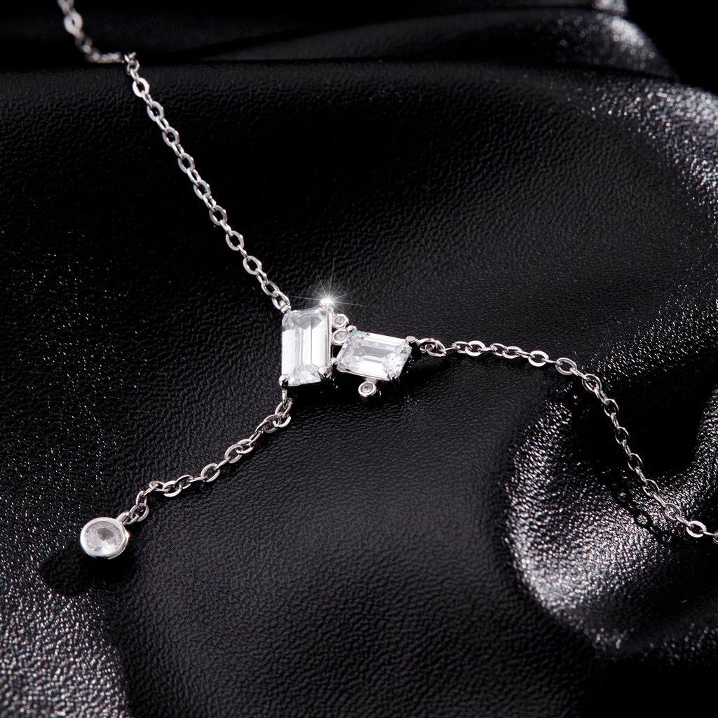 Elegant 925 Sterling Silver Rectangle CZ Lariat Necklace for Women