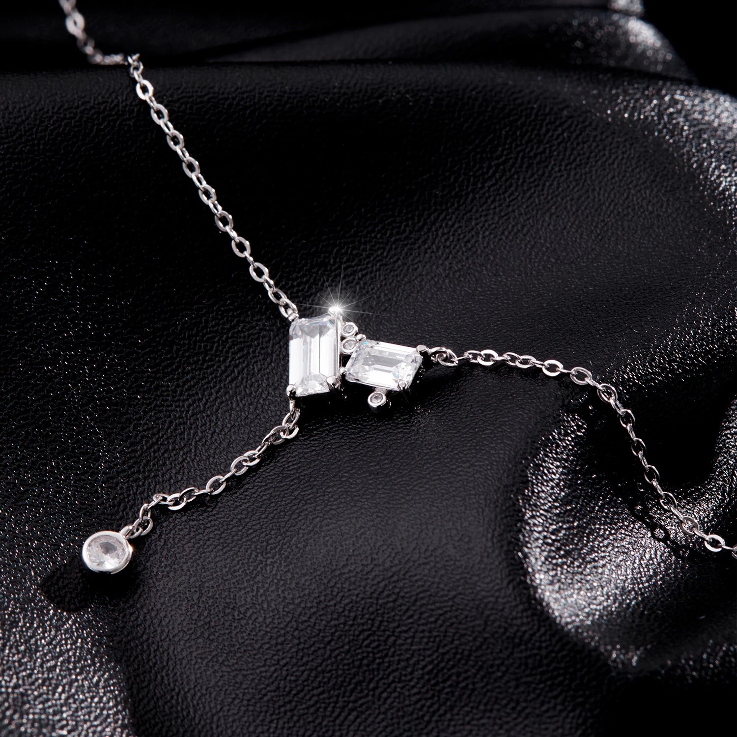 Elegant 925 Sterling Silver Rectangle CZ Lariat Necklace for Women