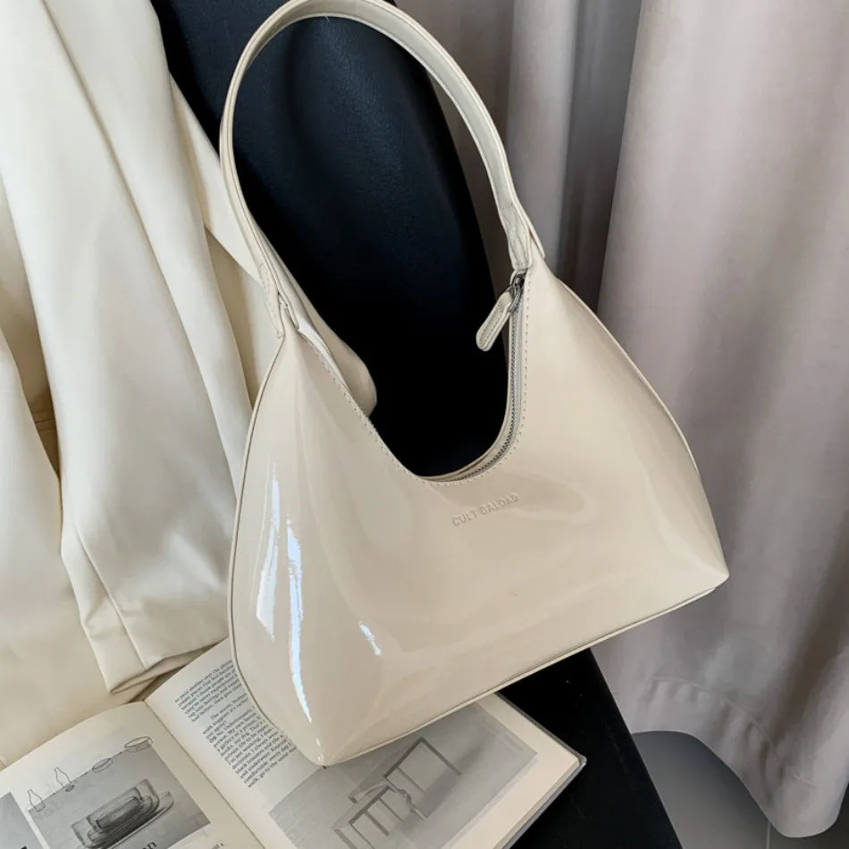 Elegant Women’s Crescent Bag – Solid Color Patent Leather Handbag