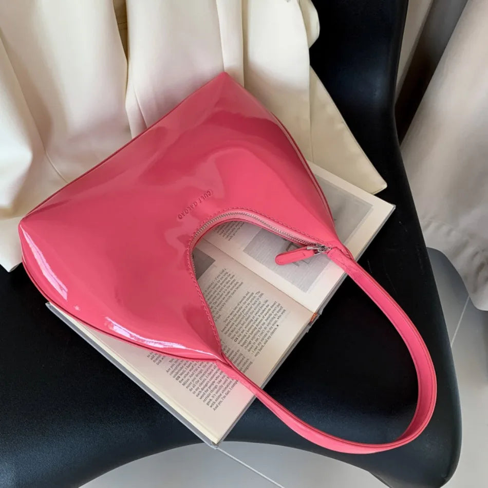 Elegant Women’s Crescent Bag – Solid Color Patent Leather Handbag