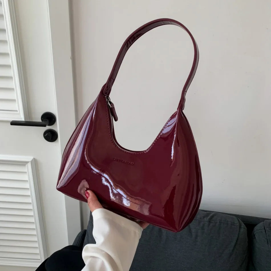 Elegant Women’s Crescent Bag – Solid Color Patent Leather Handbag