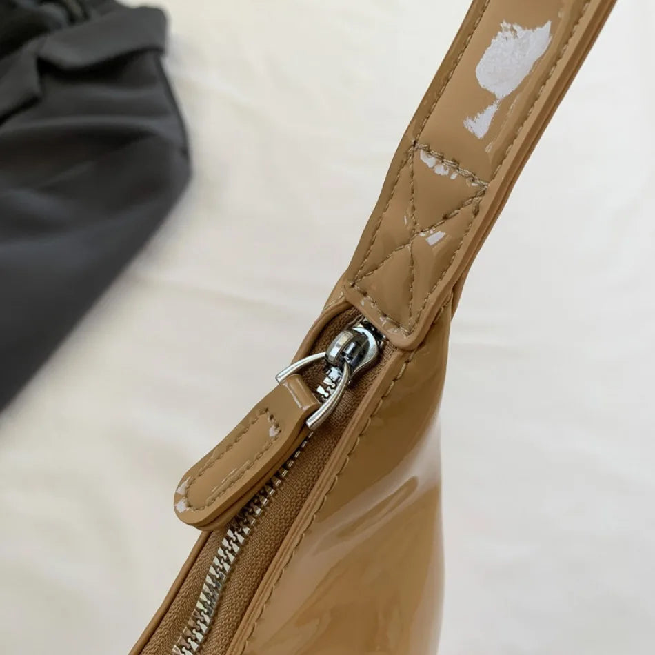 Elegant Women’s Crescent Bag – Solid Color Patent Leather Handbag