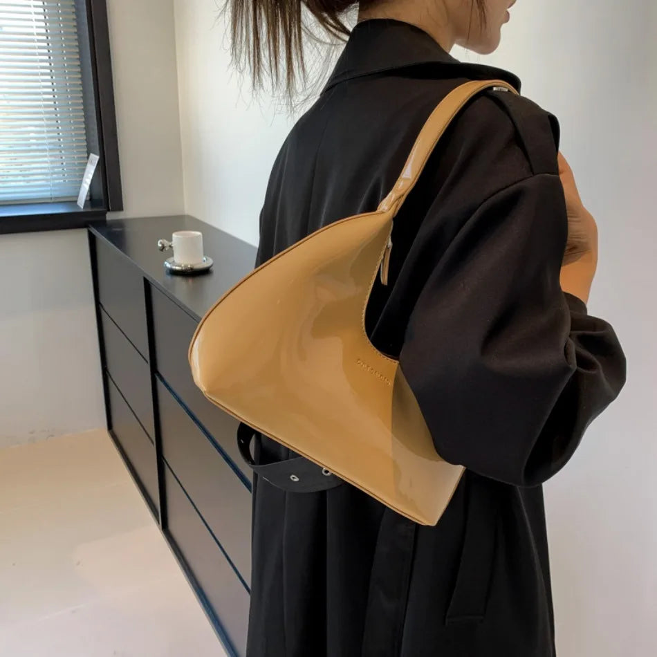 Elegant Women’s Crescent Bag – Solid Color Patent Leather Handbag