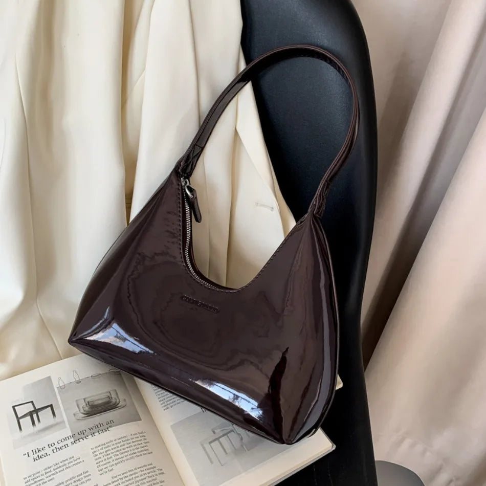 Elegant Women’s Crescent Bag – Solid Color Patent Leather Handbag