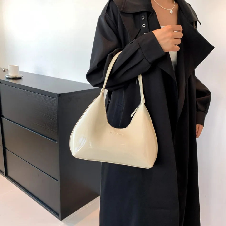 Elegant Women’s Crescent Bag – Solid Color Patent Leather Handbag