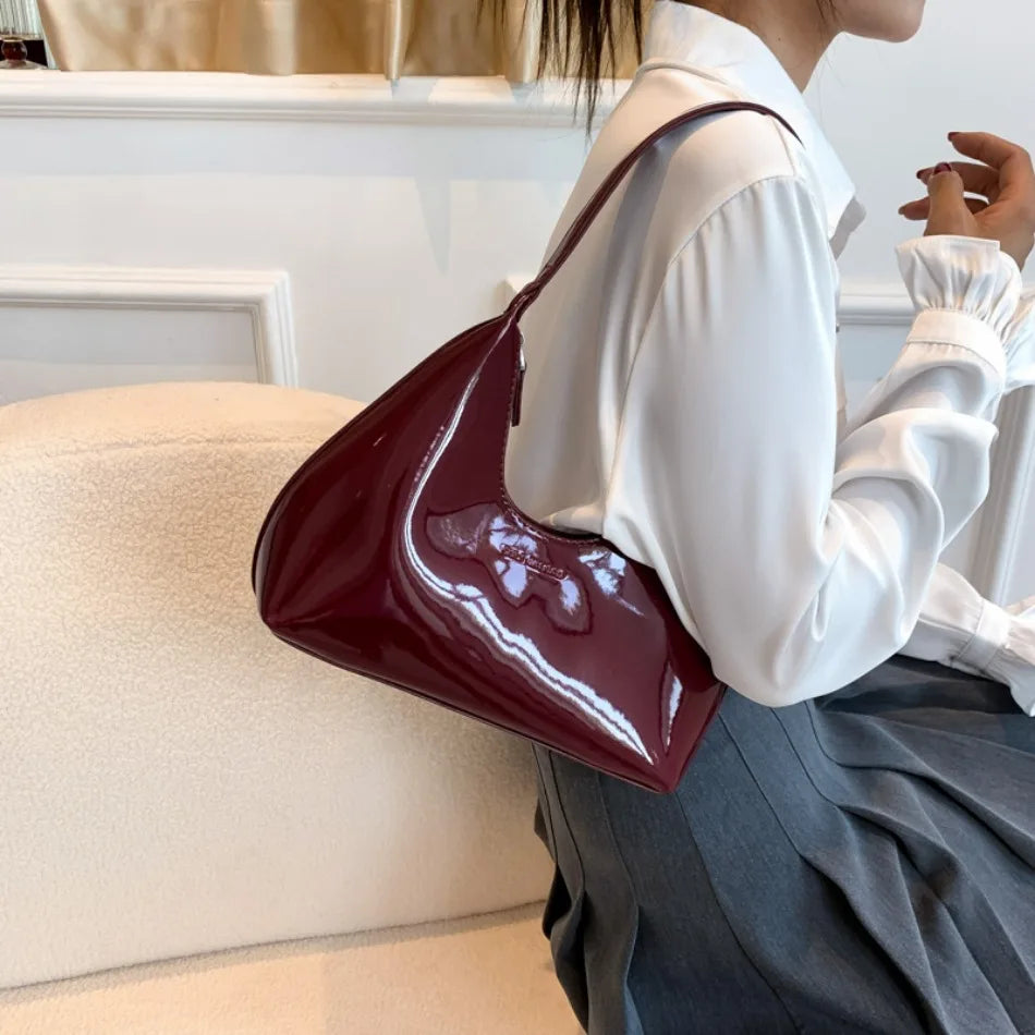 Elegant Women’s Crescent Bag – Solid Color Patent Leather Handbag