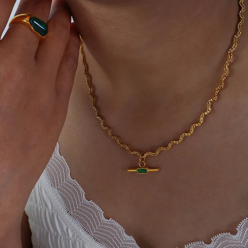 Unique Wavy Line Shape Necklace For Women 18k Gold Plated With Green Black Glass Stone Pendant Women's Neck Chain Necklaces