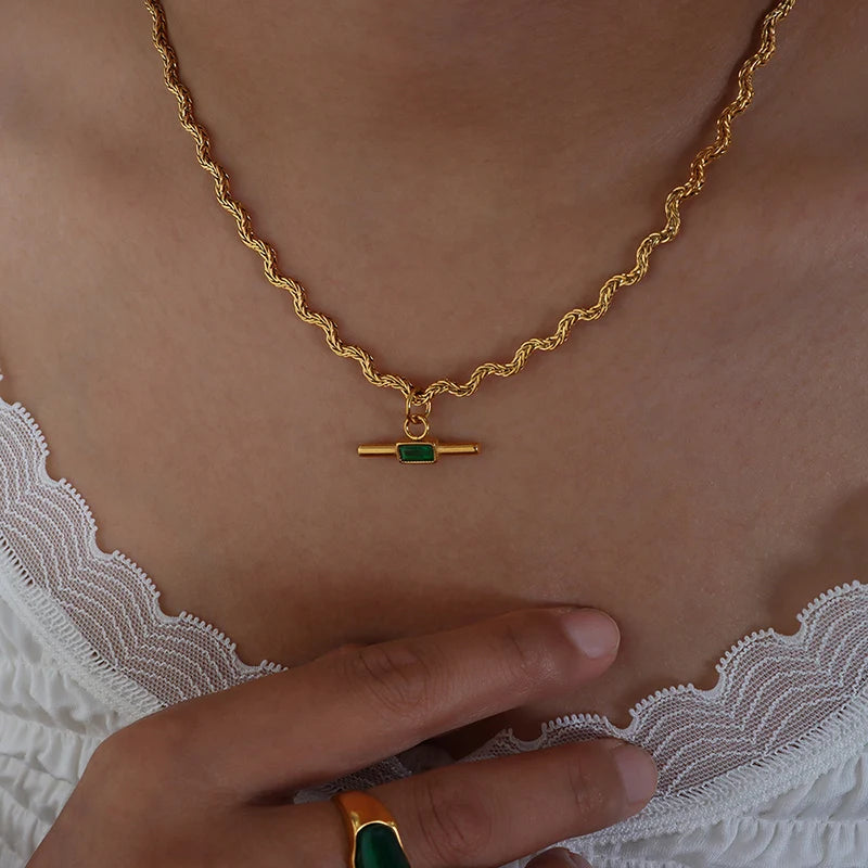 Unique Wavy Line Shape Necklace For Women 18k Gold Plated With Green Black Glass Stone Pendant Women's Neck Chain Necklaces