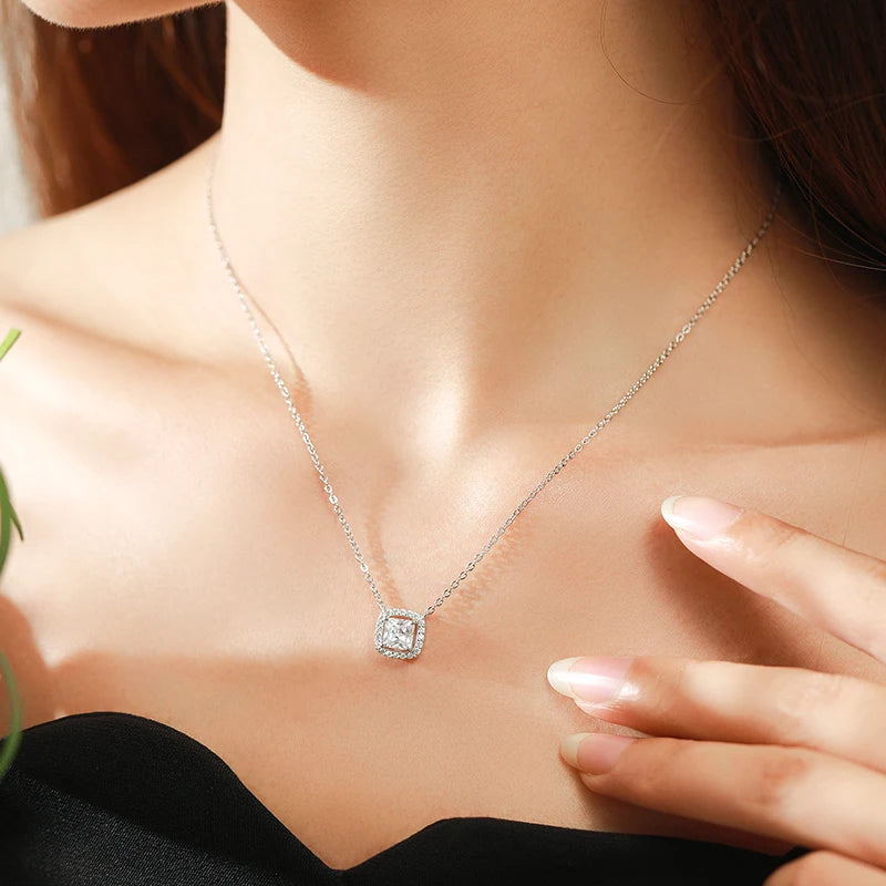 Elegant 925 Sterling Silver Square Zirconia Pendant Necklace for Women