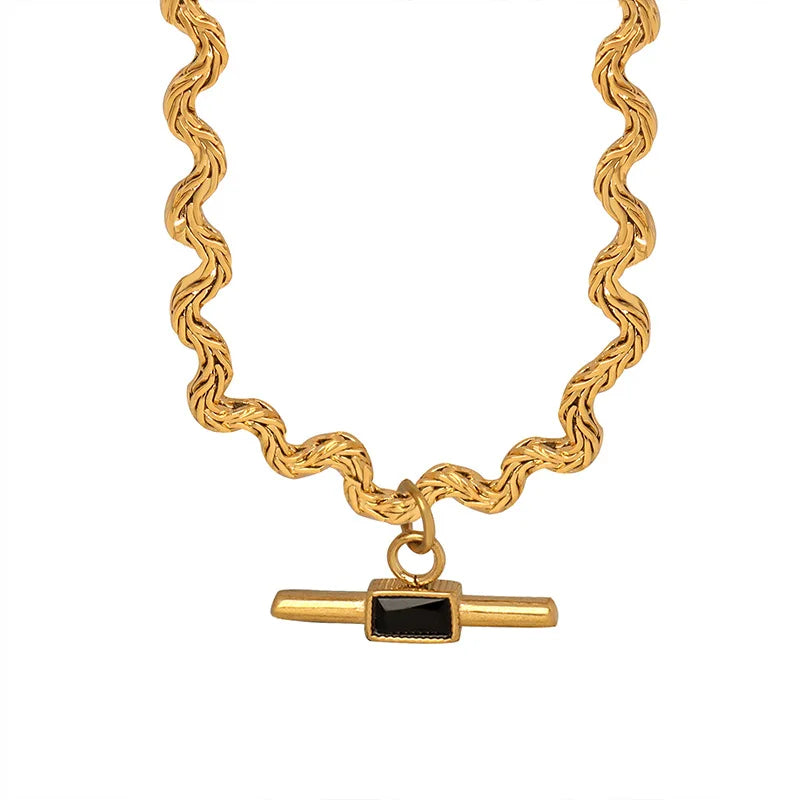 Unique Wavy Line Shape Necklace For Women 18k Gold Plated With Green Black Glass Stone Pendant Women's Neck Chain Necklaces