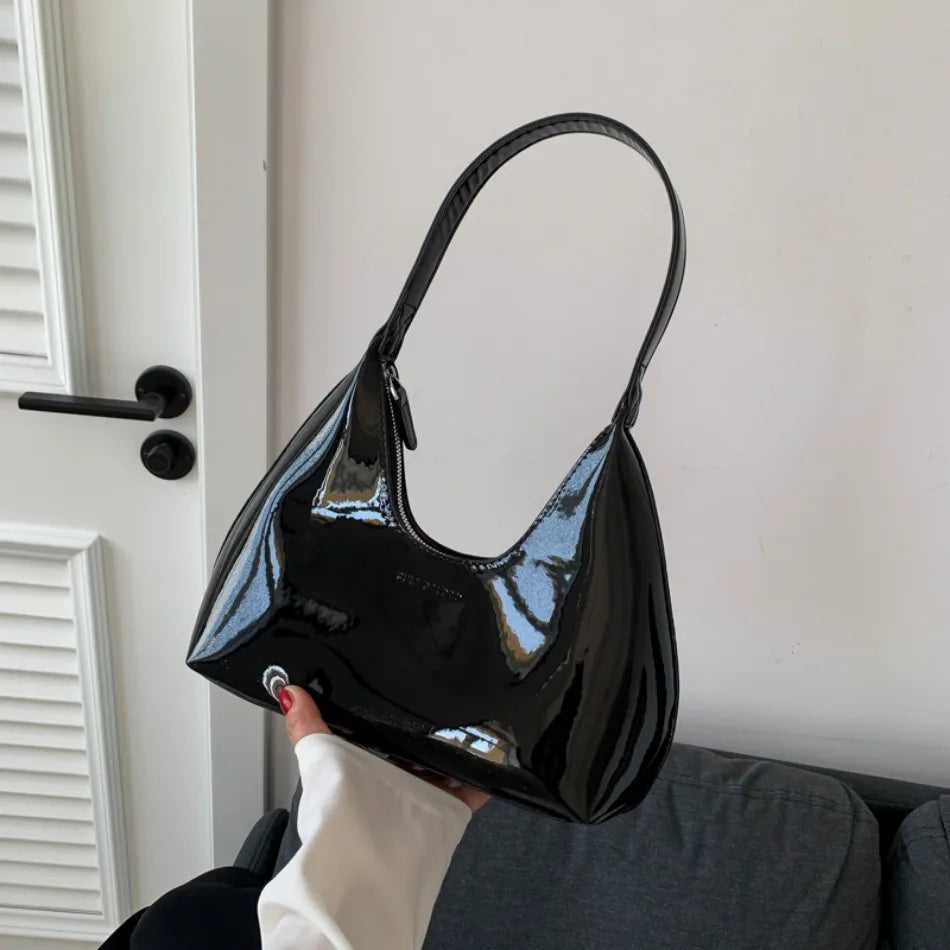 Elegant Women’s Crescent Bag – Solid Color Patent Leather Handbag