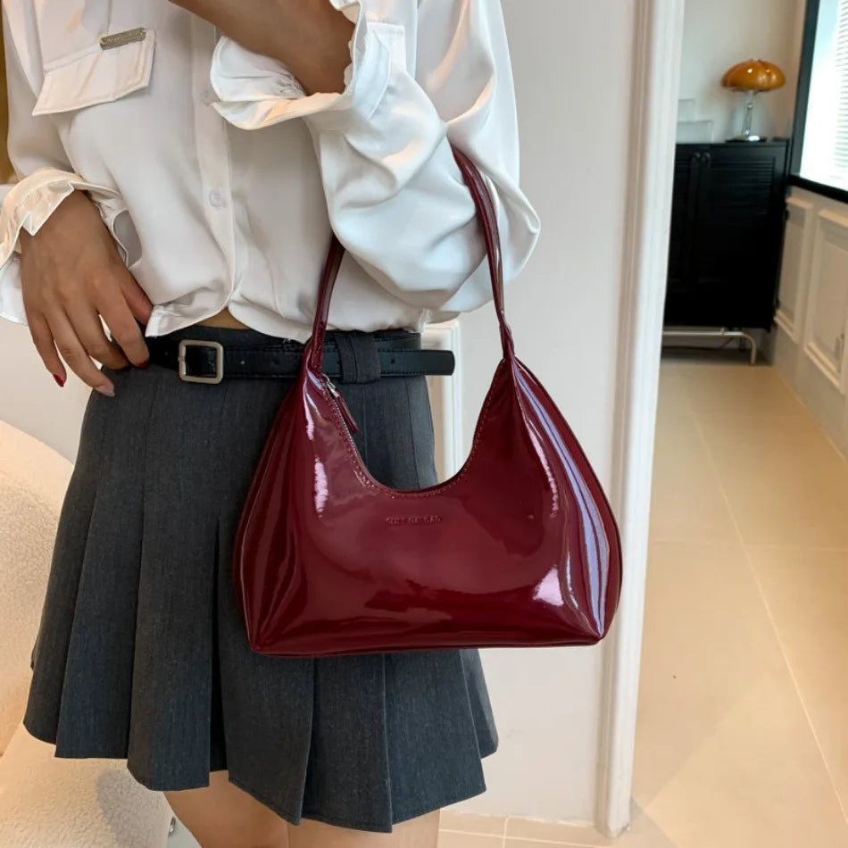 Elegant Women’s Crescent Bag – Solid Color Patent Leather Handbag