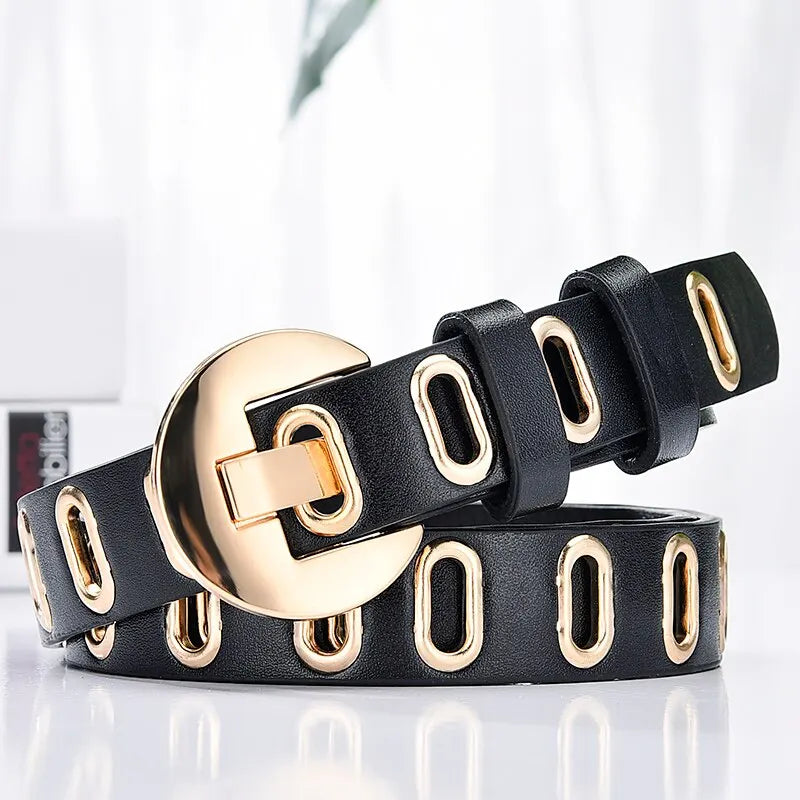 Women's Adjustable Leather Belt – Grunge Style with Metal Pin Buckle for Trendy Looks