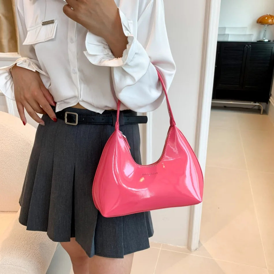 Elegant Women’s Crescent Bag – Solid Color Patent Leather Handbag