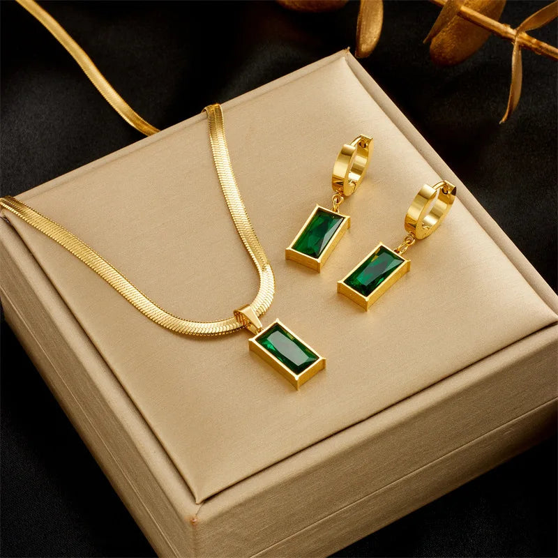 Luxury Green Crystal Zircon Jewelry Set – Necklace & Earrings for Women
