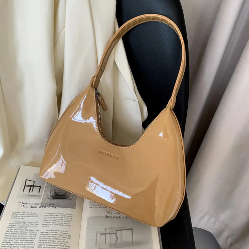 Elegant Women’s Crescent Bag – Solid Color Patent Leather Handbag