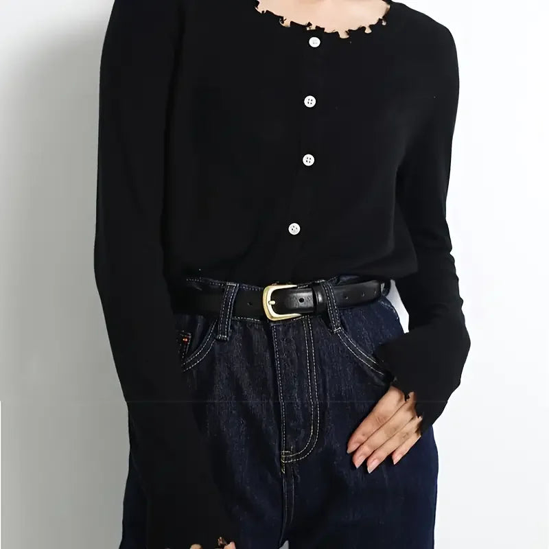 Vintage Black Leather Belt for Women – Retro Buckle, Elegant Accessory for Jeans & Dresses